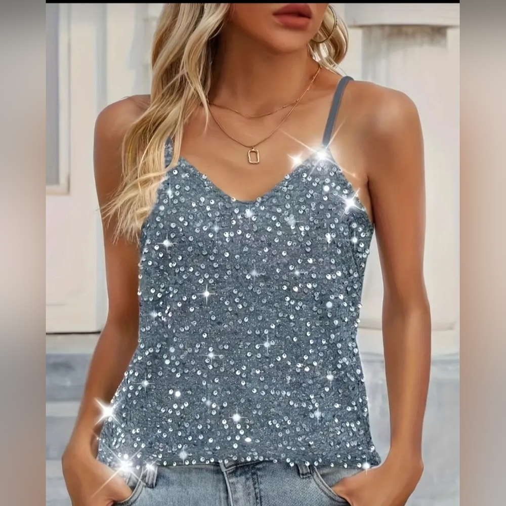 Blueish grayish sequence top.